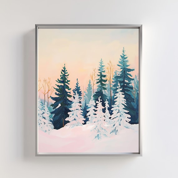 Peaceful Snowy Evergreen Forest Under Blush Winter Sky Art Poster