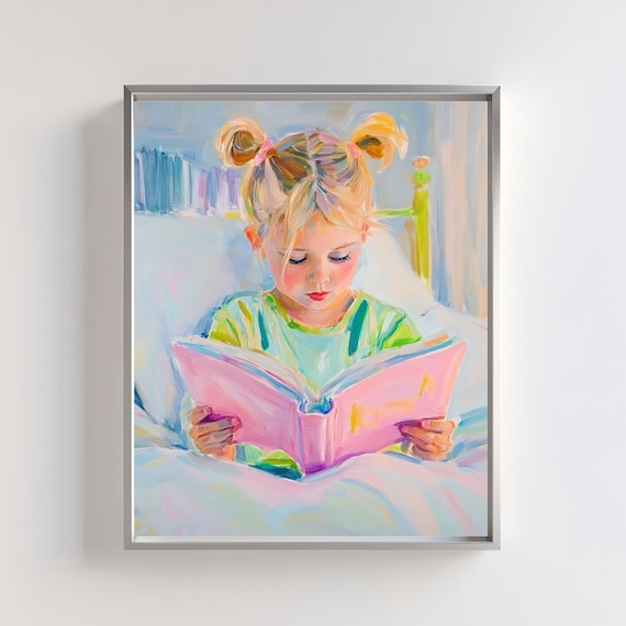 Little Girl Reading Pink Book in Bed Cozy Kids Room Art Poster