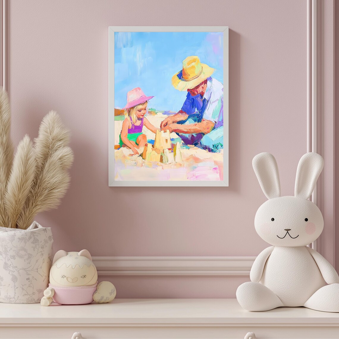 Beach Sandcastle, Grandfather And Child Scene Art Print - Image 4