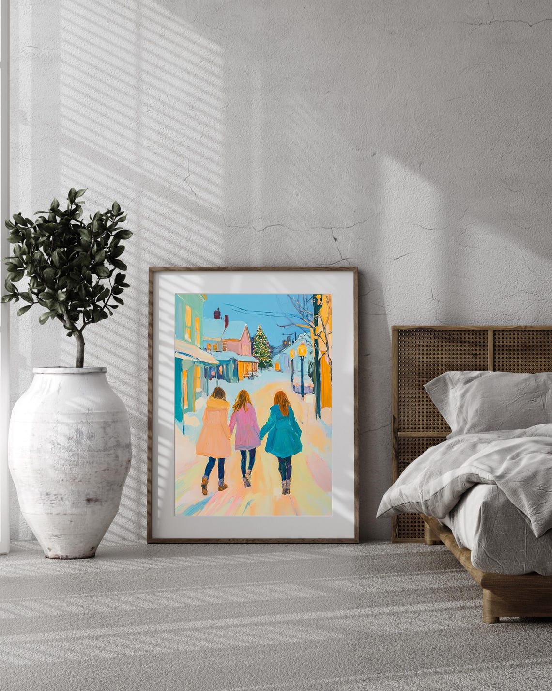 Three Girls Walking Through Snowy Christmas Town Scene Art Poster - Image 3
