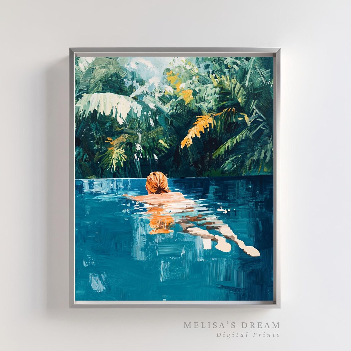Tropical Pool Woman Swimming in Jungle Art Print