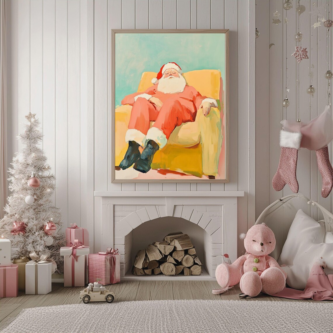 Sleeping Santa Claus Napping in Armchair Funny Christmas Art Poster - Image 2