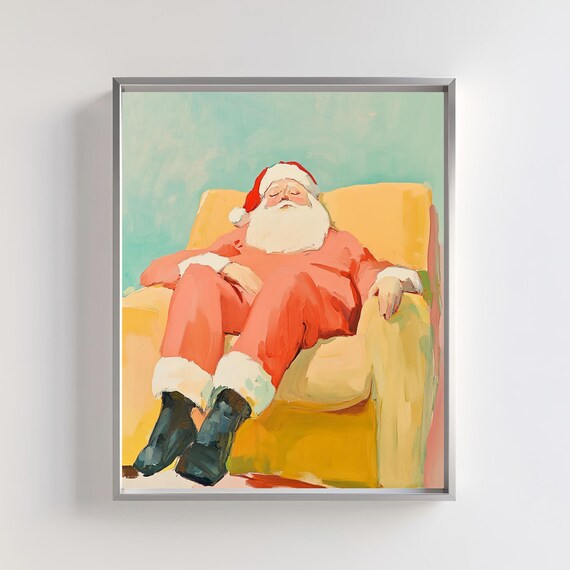 Sleeping Santa Claus Napping in Armchair Funny Christmas Art Poster