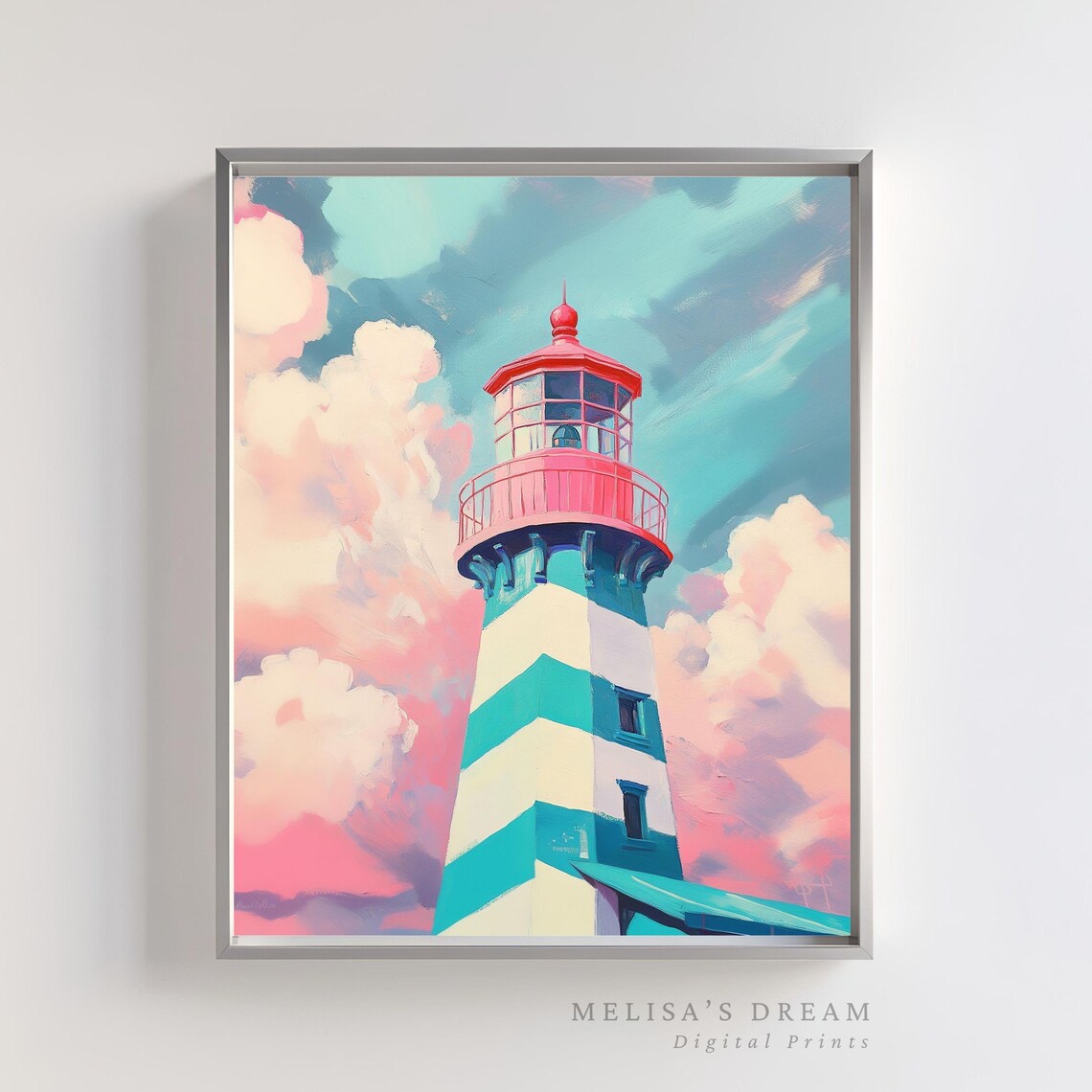 Pink Teal Striped Lighthouse Pastel Cloudy Sky Coastal Print