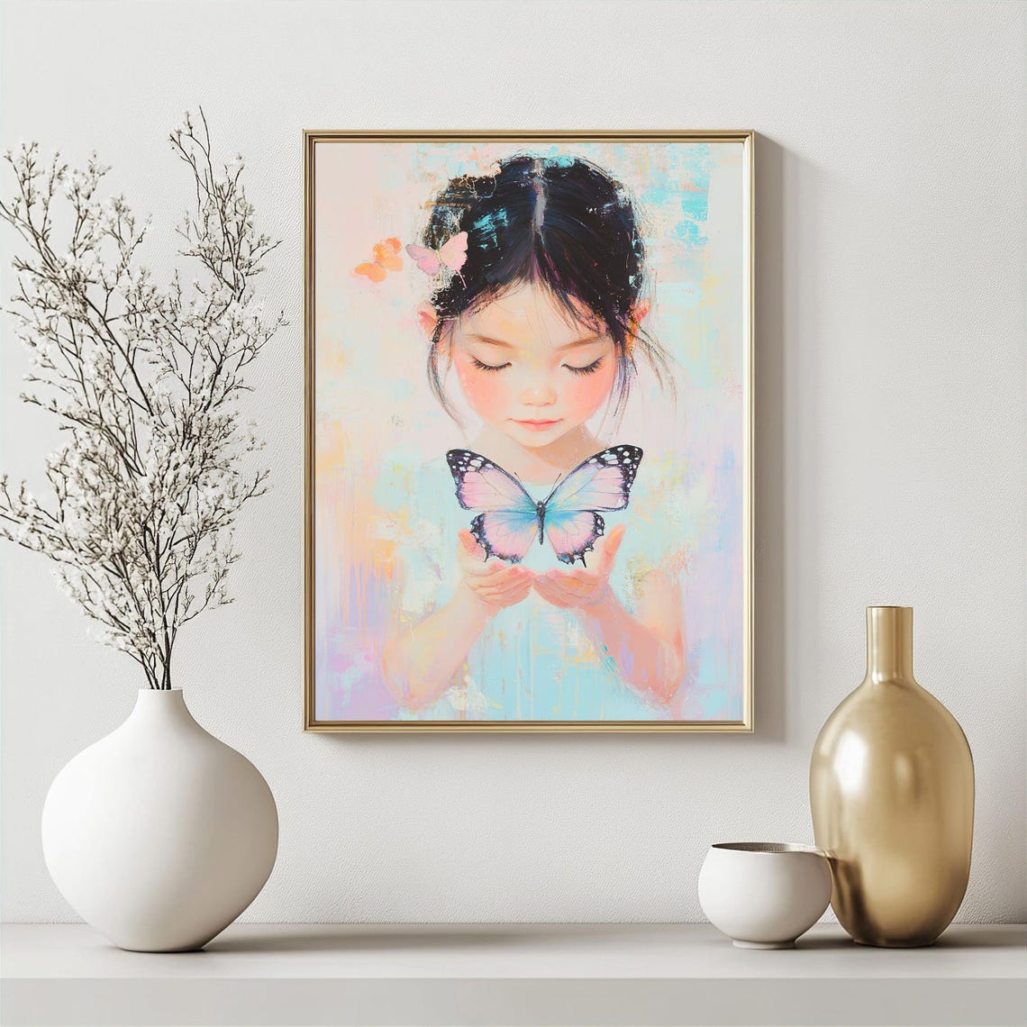 Girl Holding Giant Butterfly Pastel Dreamy Nursery Art Poster - Image 2