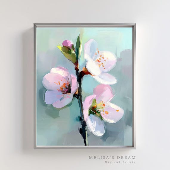 Cherry Blossom Wall Art Print Pastel Floral Pink Bloom Modern Botanical Watercolor Flower Artwork Decor