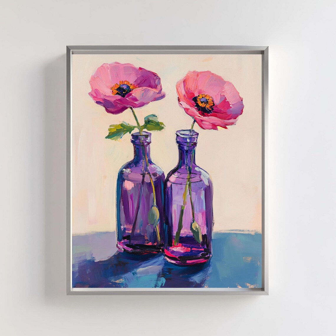 Pink Poppies In Purple Glass Bottles Vibrant Floral Still Life Poster