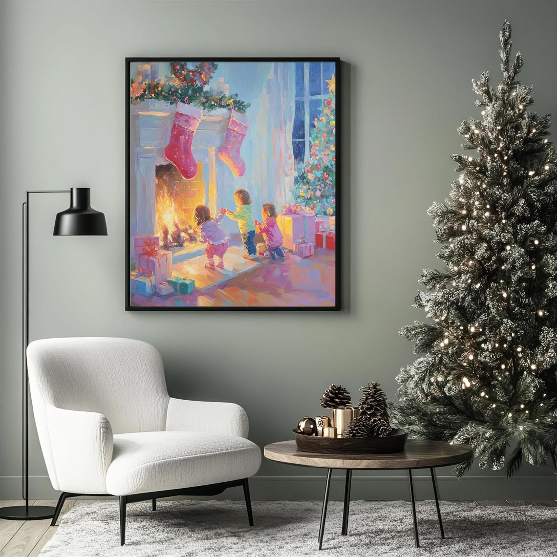 Children Waiting for Santa by Fireplace Cozy Christmas Eve Art Poster - Image 3