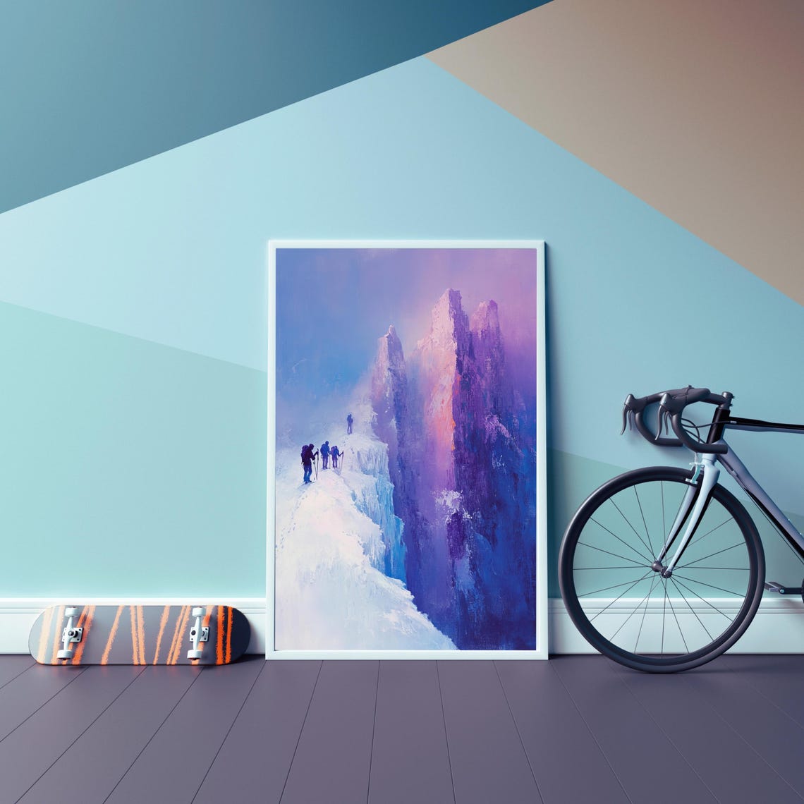 Mountain Hiking And Climbing Print Winter Adventure Scene Extreme Sports Decor Snowy Landscape Wall Art Snowy Cliff Abstract Artwork - Image 2