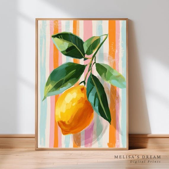 Lemon Wall Art Modern Kitchen Decor Cute And Stripes Artwork Summer Botanical Poster