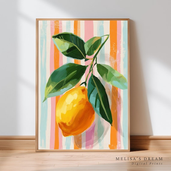Sunny Lemon Branch Painting On Pastel Striped Background Wall Art