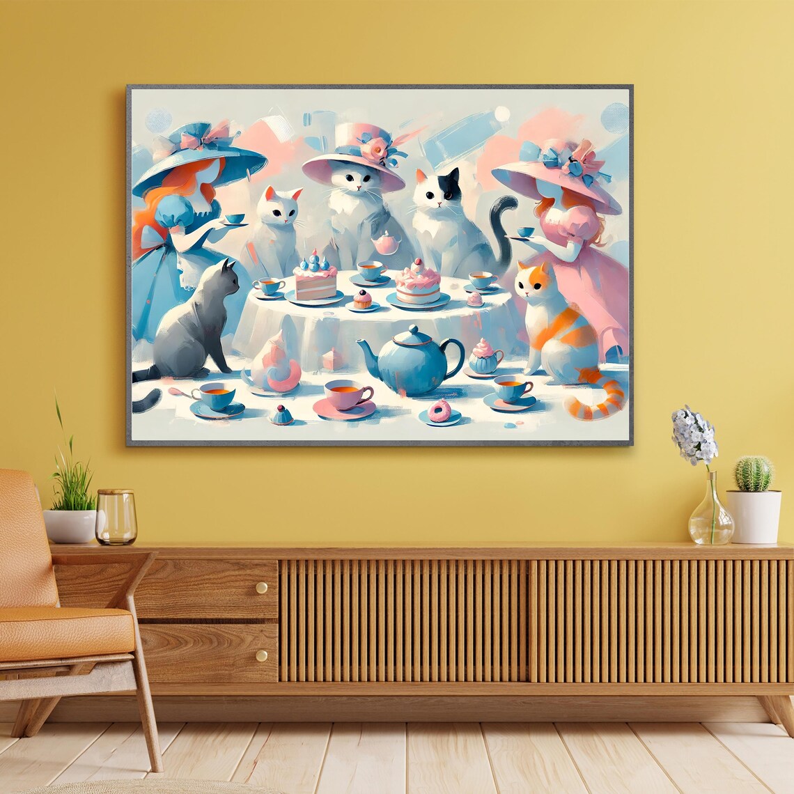 Cats Wearing Hats at a Pastel Tea Party Whimsical Animal Poster - Image 5