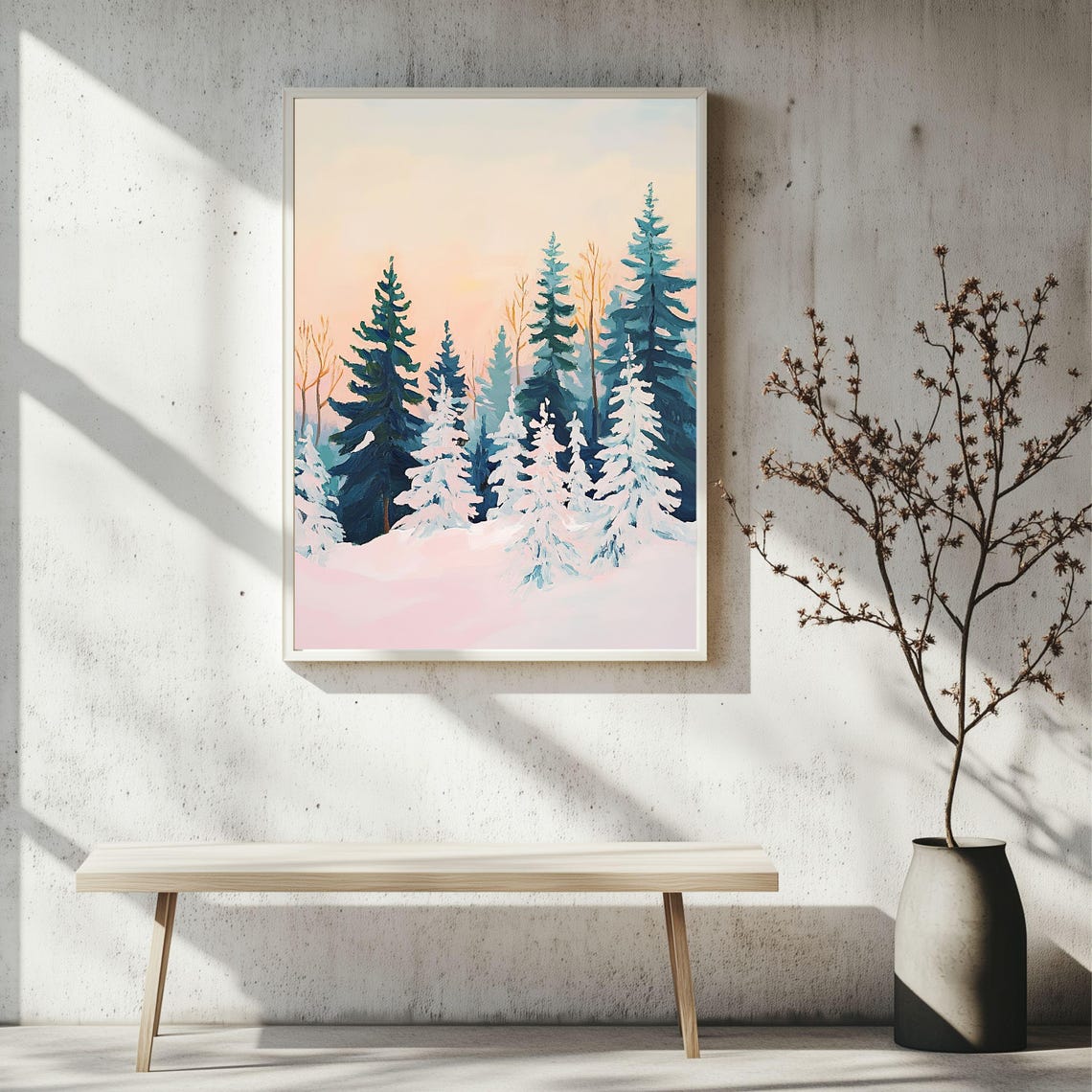 Peaceful Snowy Evergreen Forest Under Blush Winter Sky Art Poster - Image 2