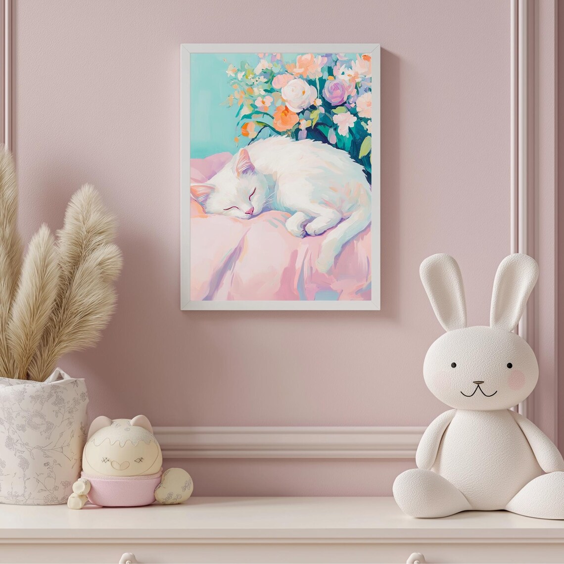 Sleeping White Cat Pastel Floral Bouquet Cat Lover Gift Poster - Image 5