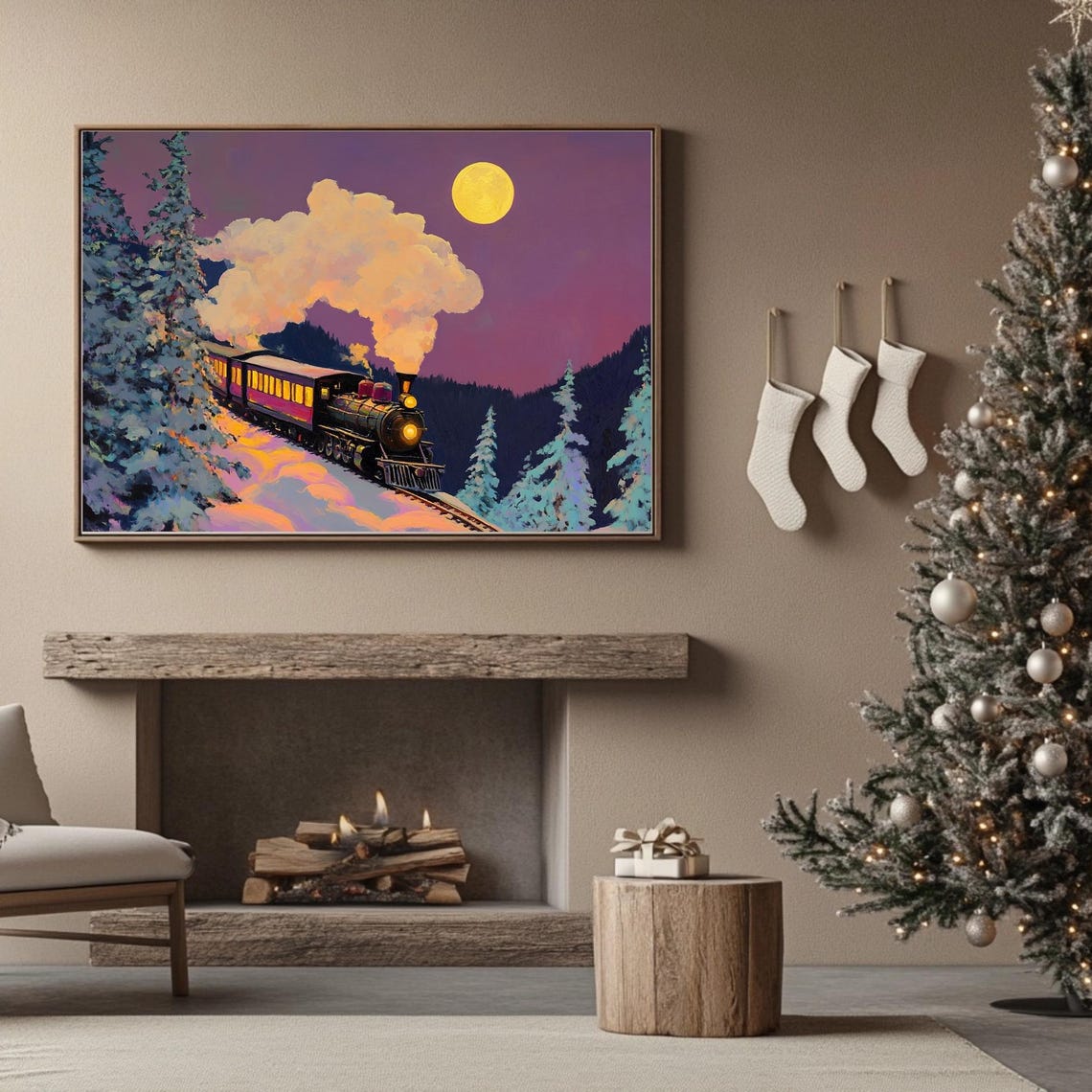 Christmas Steam Train Under Full Moon Purple Night Winter Poster - Image 2