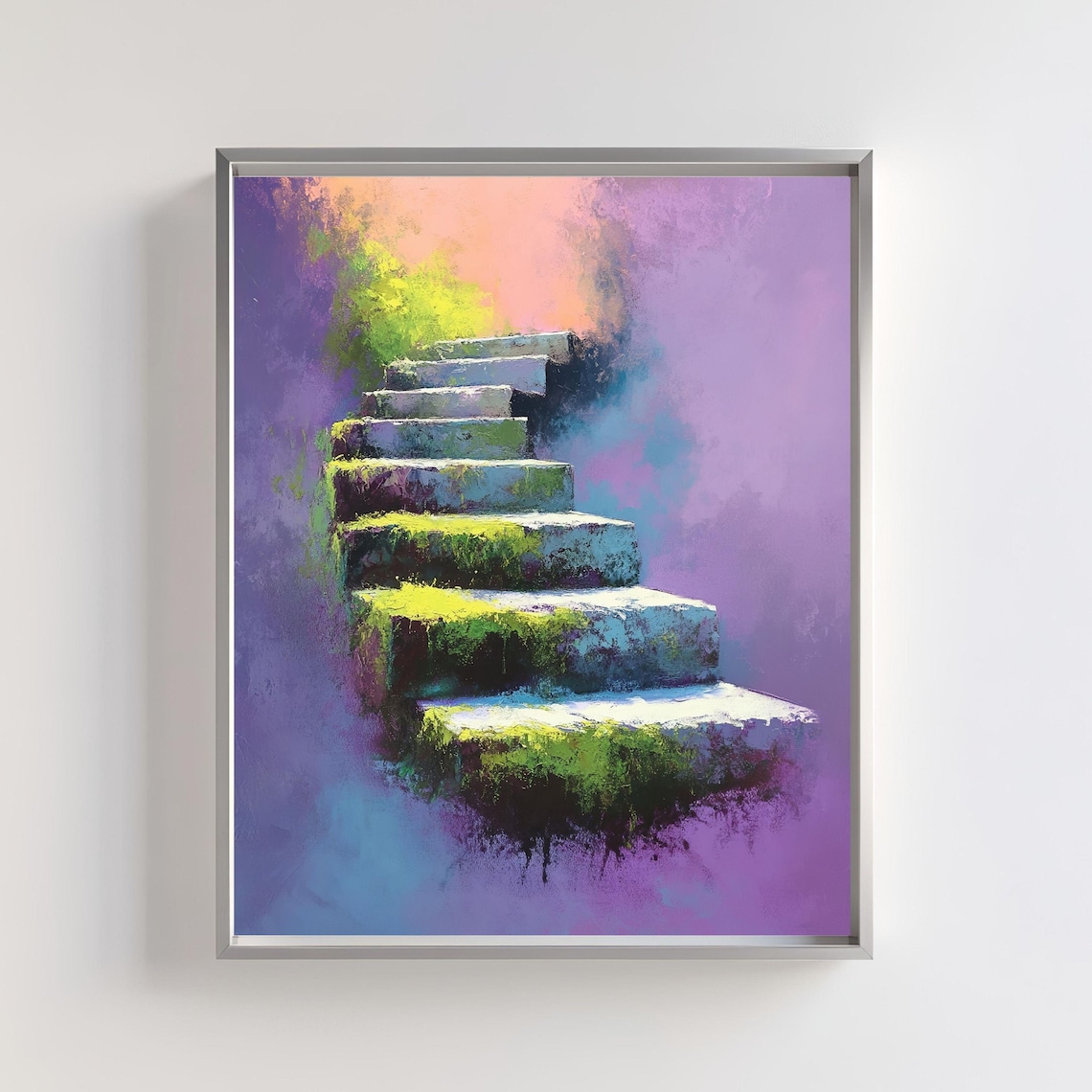 Abstract Stairway, Mystical Mossy Steps Art Print