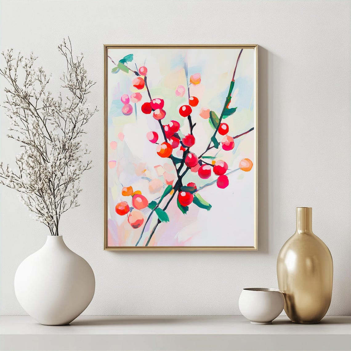 Bright Red Winter Berries On Bare Branches Botanical Art Poster - Image 2