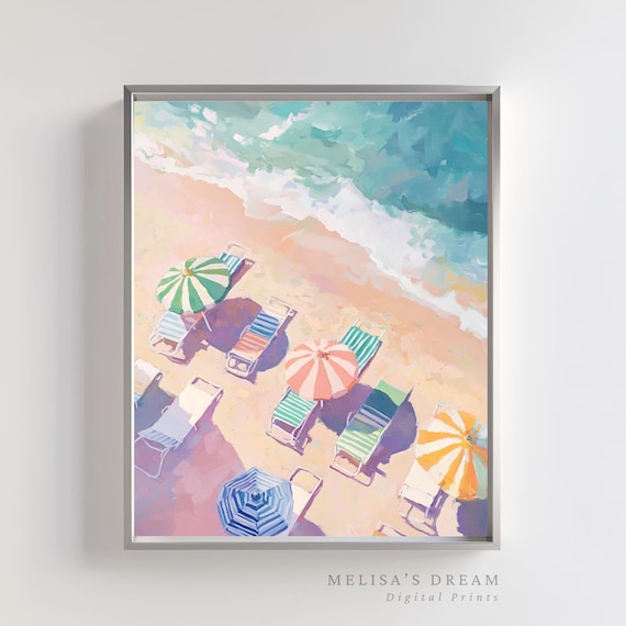Aerial Beach Umbrellas Loungers Pastel Ocean Shoreline Poster