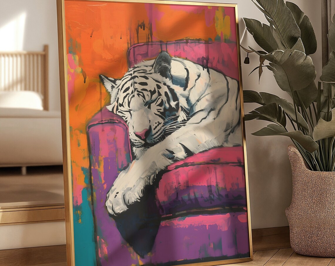 White Tiger Napping On Pink Couch Neon Pop Colorful Art Poster - Image 4