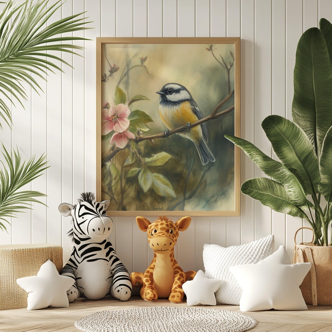 Blue Tit On Branch With Pink Blossoms Watercolor Bird Poster - Image 2