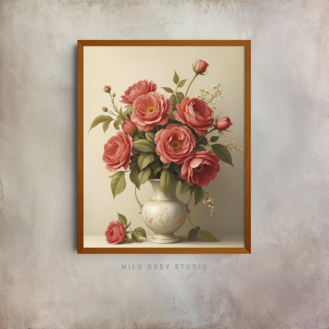 Pink Roses Bouquet in White Porcelain Vase Vintage Botanical Poster