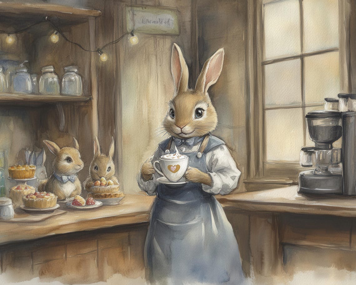 Bunny Cafe Rabbit Barista With Coffee And Pastries Kitchen Poster - Image 3