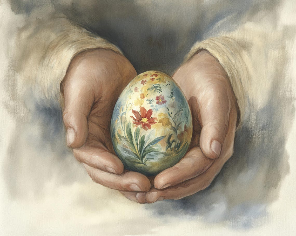 Hands Cradling Vintage Hand Painted Easter Egg Spring Poster - Image 3