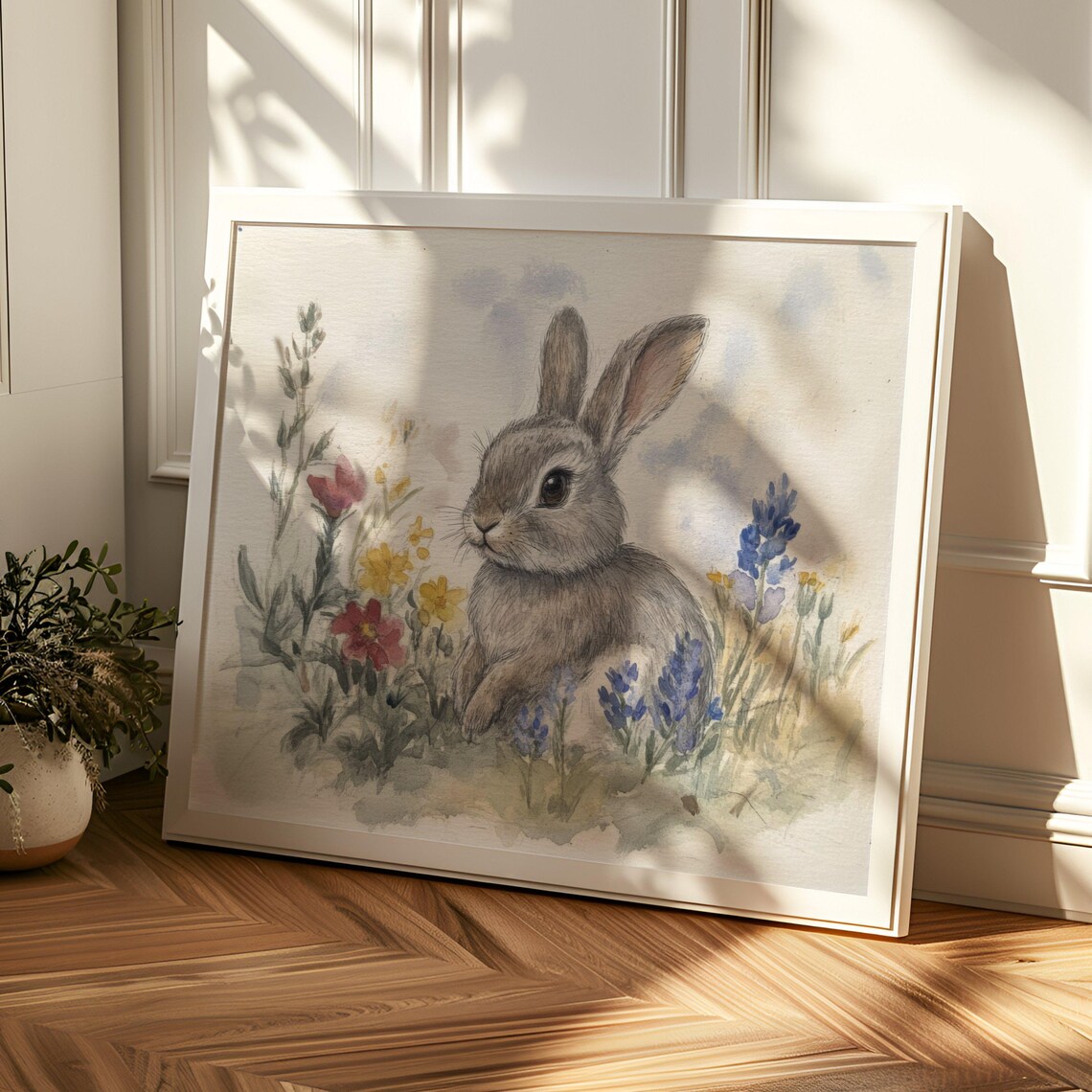 Watercolor Gray Bunny Among Wildflowers Spring Nursery Art Poster - Image 2