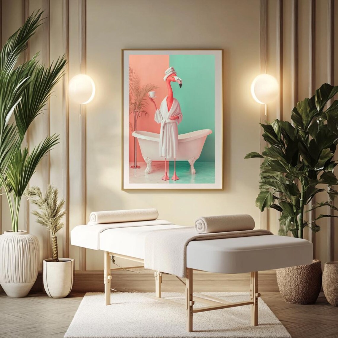 Spa Flamingo, Funny Bathroom Tropical Art Print - Image 2