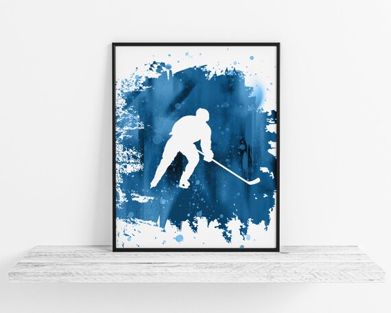 Blue Splash Ice Hockey Player Silhouette Watercolor Sports Poster