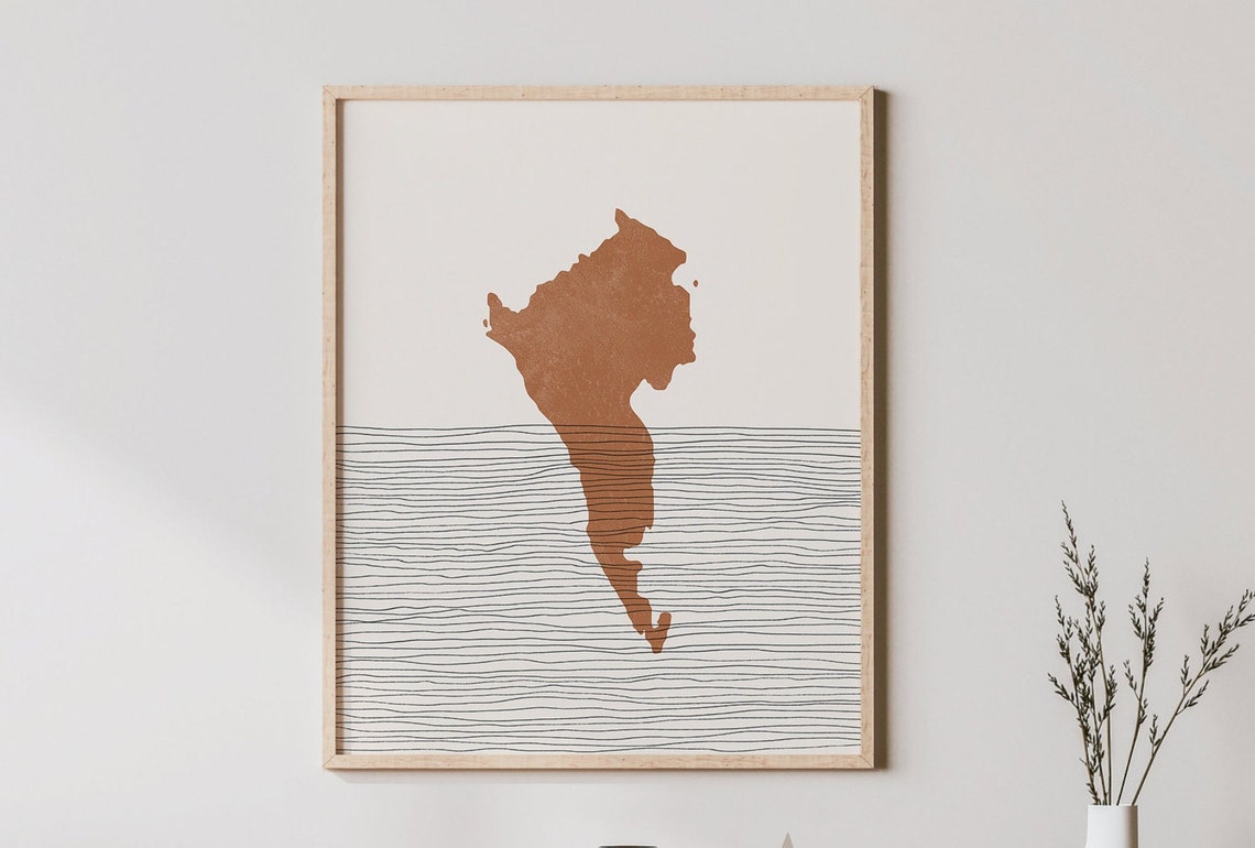 Tall Narrow Island Map Terracotta Silhouette Boho Travel Poster