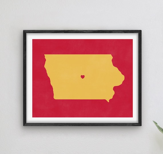 Iowa State Heart Map Red and Gold College Town Graduation Art Poster