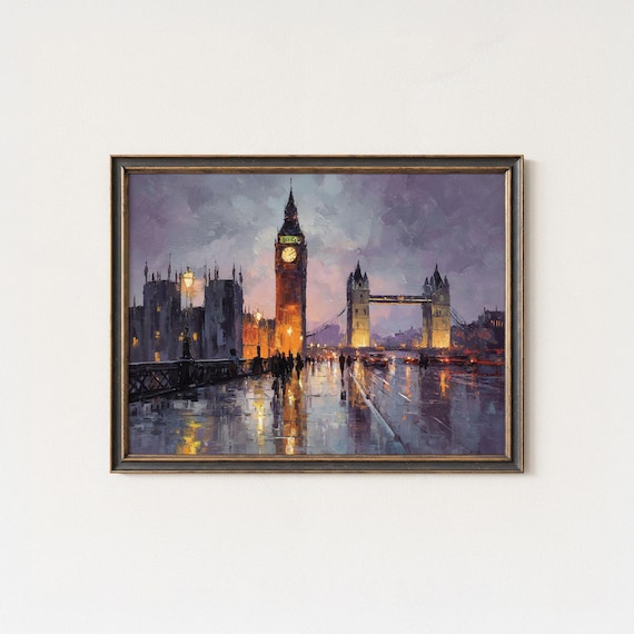 London Big Ben Oil Painting Tower Bridge Cityscape Print Rainy Night Wall Decor
