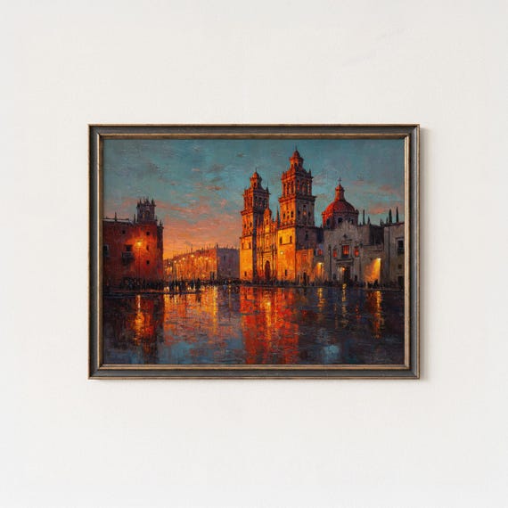 Mexico City Cathedral Sunset Print Zcalo Square Oil Painting