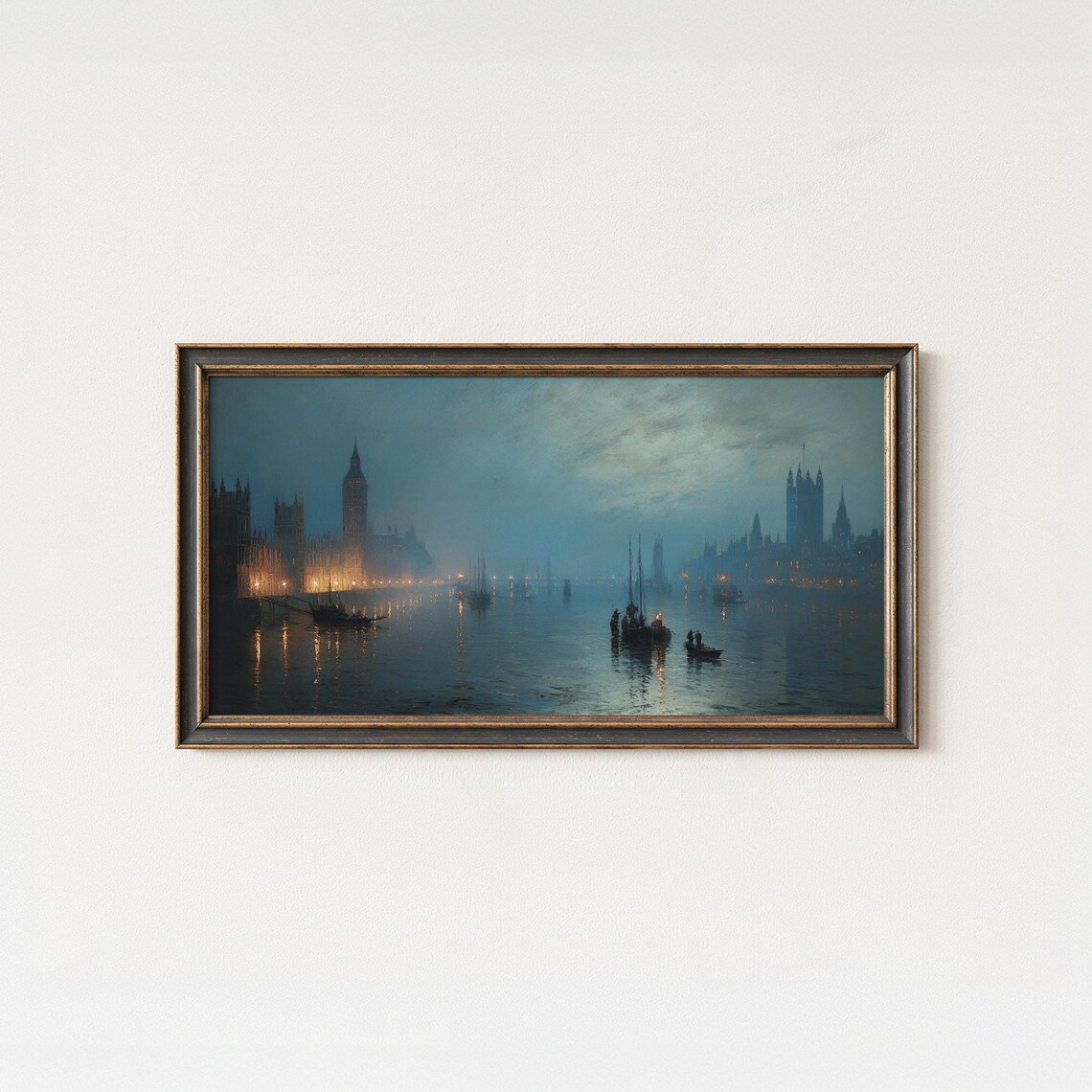 London Thames Dusk Oil Painting Big Ben Westminster Moonlit River Poster