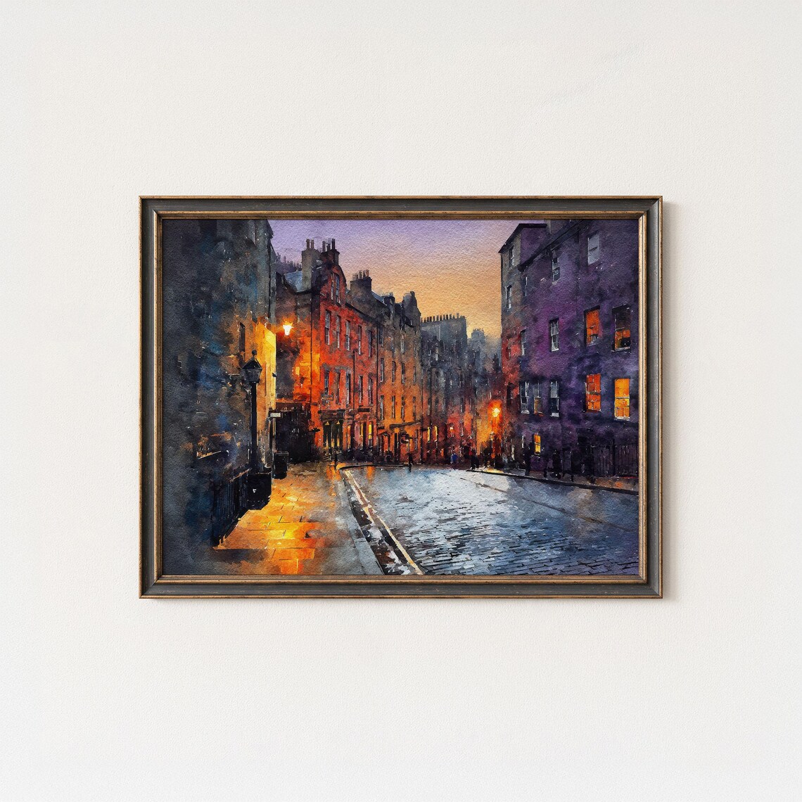 Edinburgh Scotland Art Print Cobblestone Street Cityscape Moody Dusk