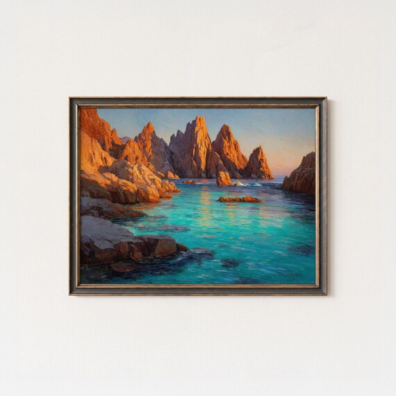 Sunlit Rocky Sea Cliffs Turquoise Ocean Coastal Seascape Oil Painting Print