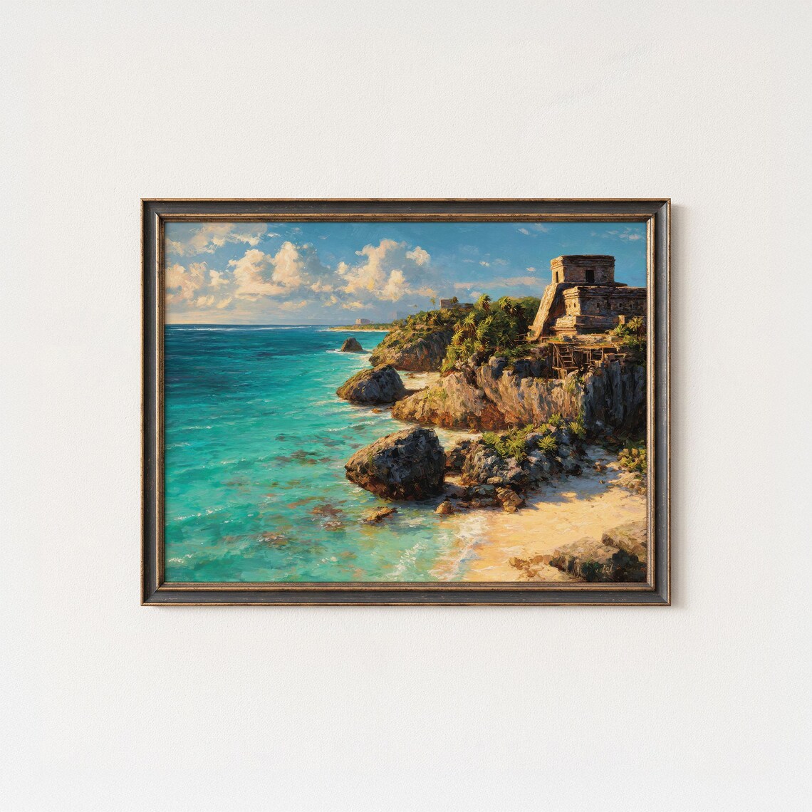 Tulum Mayan Ruins Caribbean Coast Oil Painting Style Travel Poster