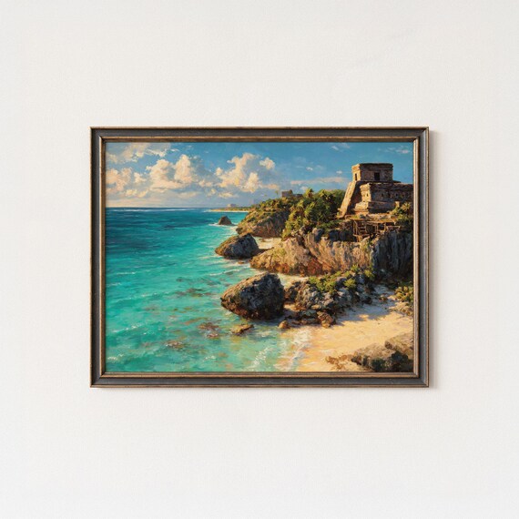 Tulum Mayan Ruins Caribbean Coast Oil Painting Style Travel Poster