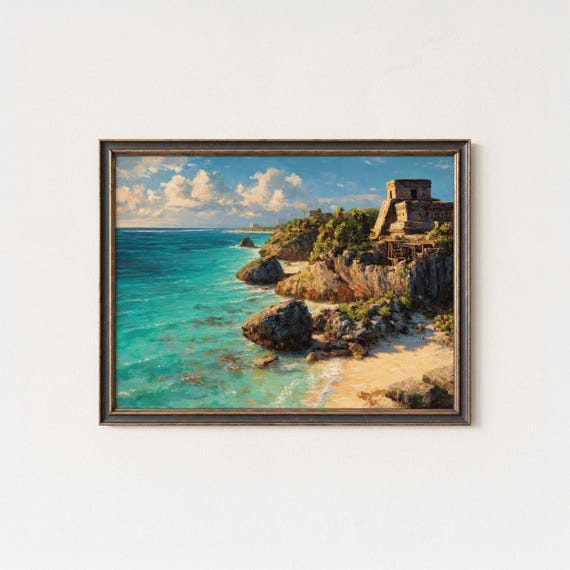 Tulum Ruins Print Caribbean Coast Oil Painting Style Mexico Travel Art