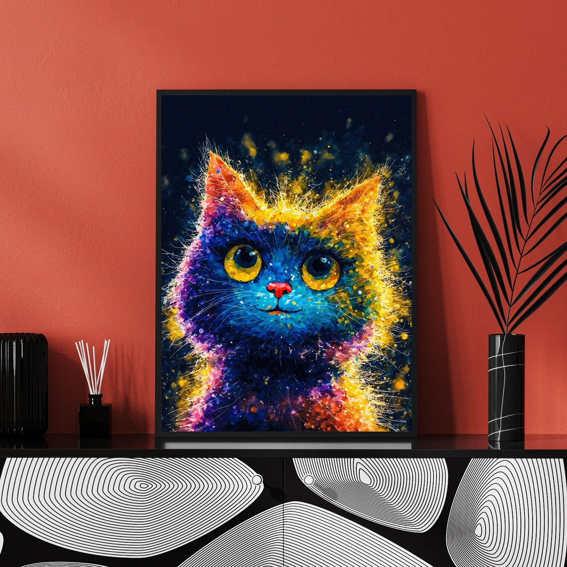 Vibrant Colorful Kitten Portrait in Neon Paint Splatter Style Poster - Image 3