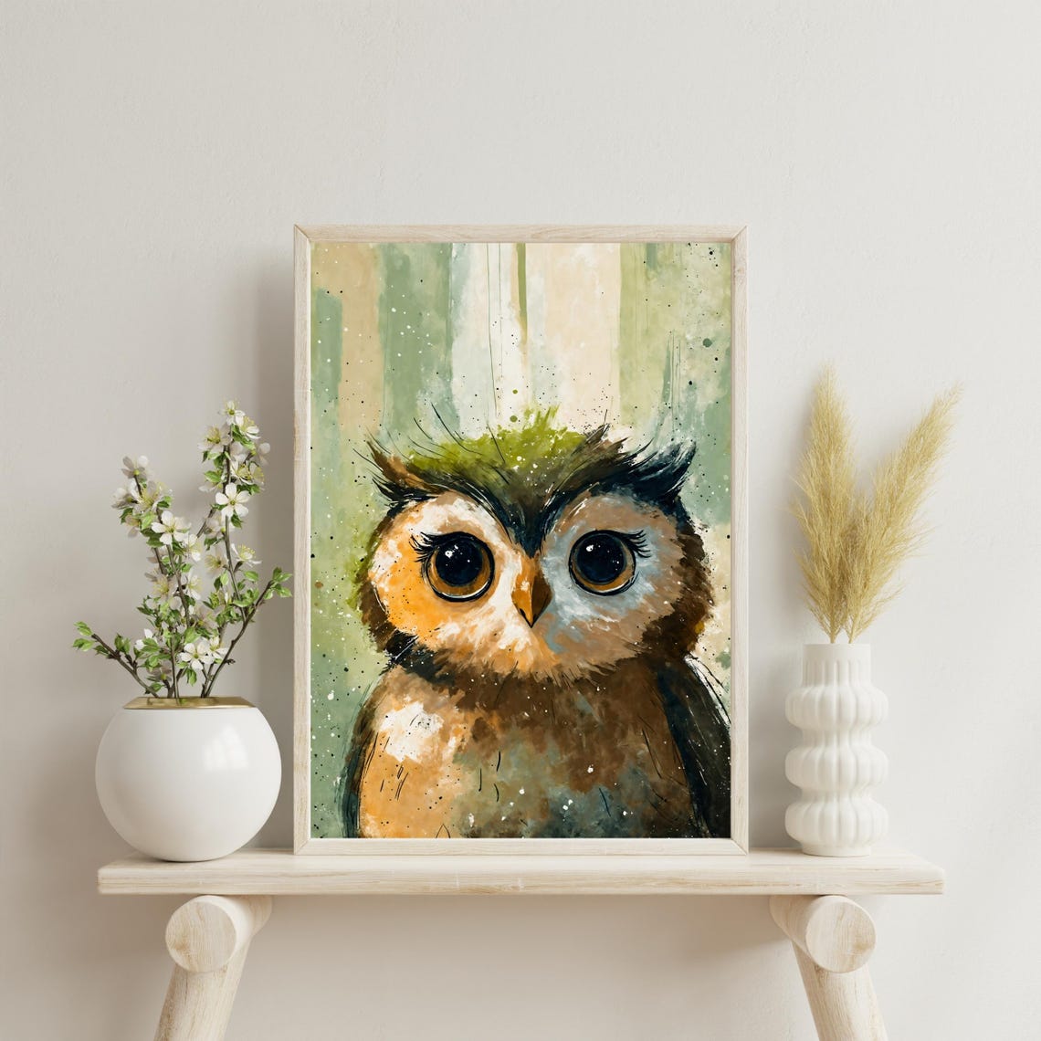 Cute Baby Owl Art Print Big Eyed Owl Portrait Night Bird Wall Art Kids Room Decor Nursery Art Green Owl Lover Gift 8x10 24x36 Sizes