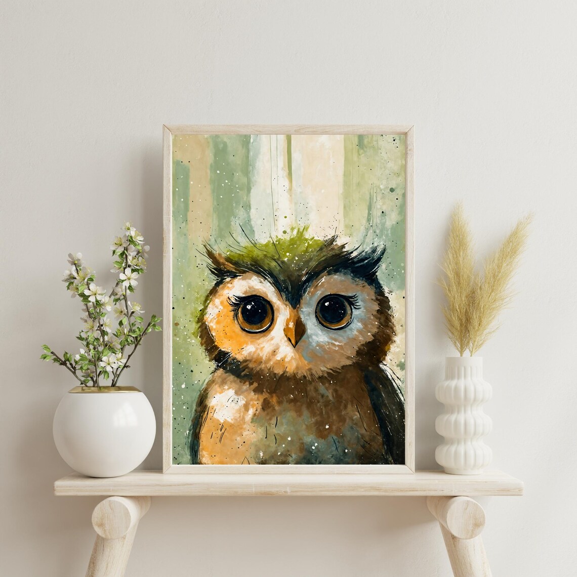 Cute Baby Owl Watercolor Portrait Big Eyes Green Forest Nursery Print
