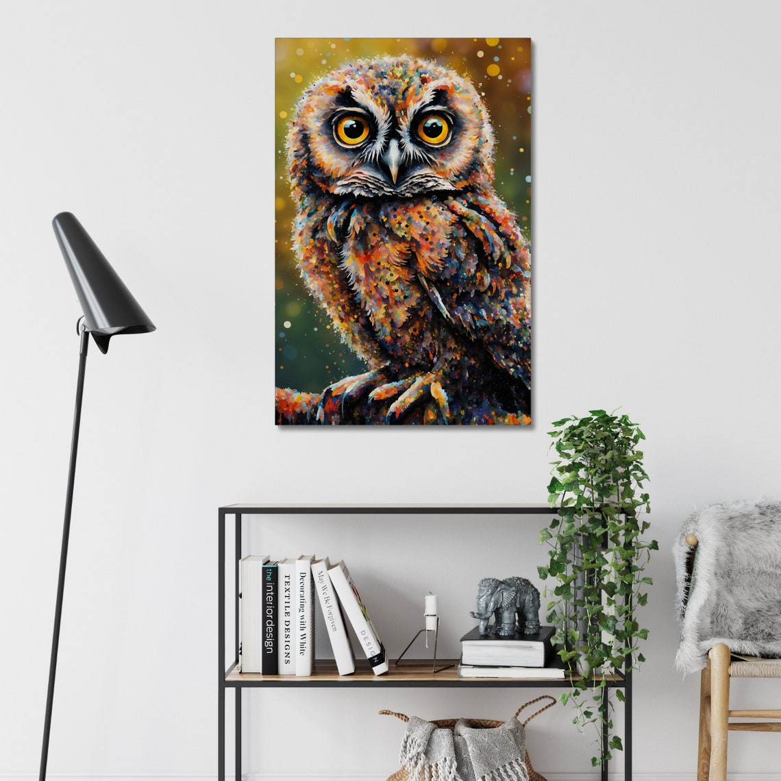 Owl Portrait Big Amber Eyes Speckled Feathers Golden Dots Wall Poster - Image 3