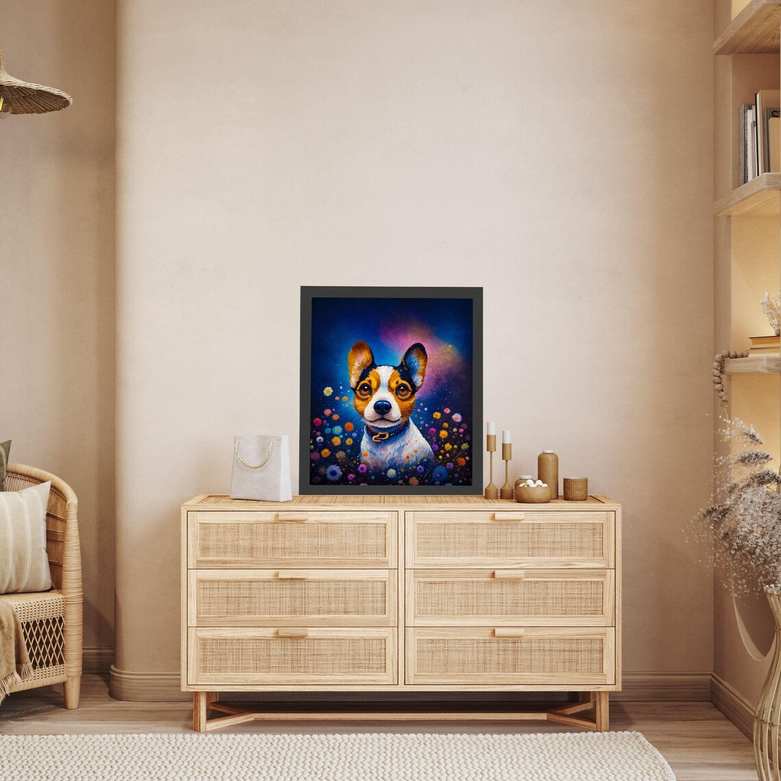 Whimsical Tricolor Puppy Among Wildflowers Starry Night Wall Art - Image 5