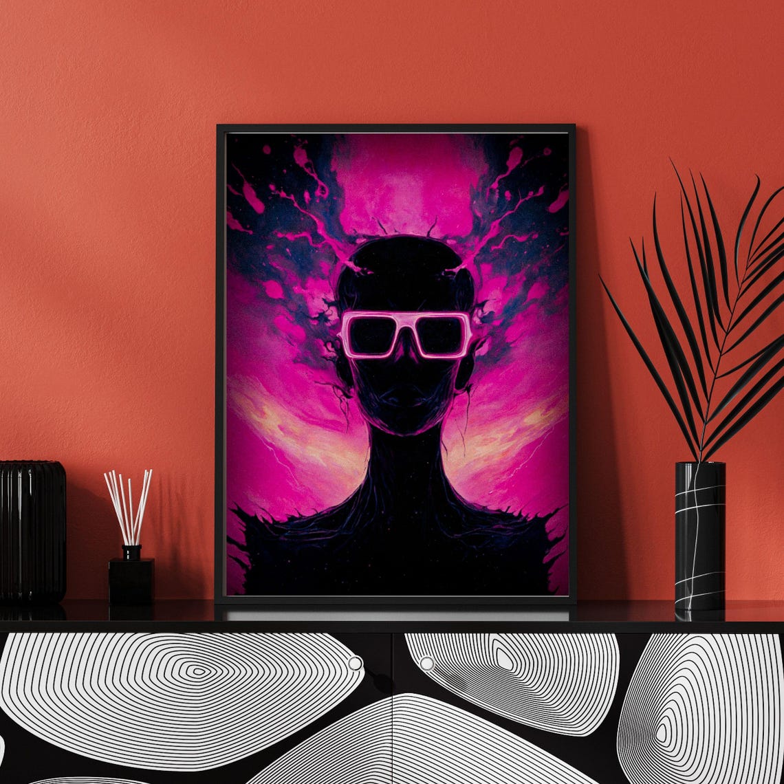 Neon Pink Sunglasses Woman Silhouette Cosmic Magenta Abstract Wall Art