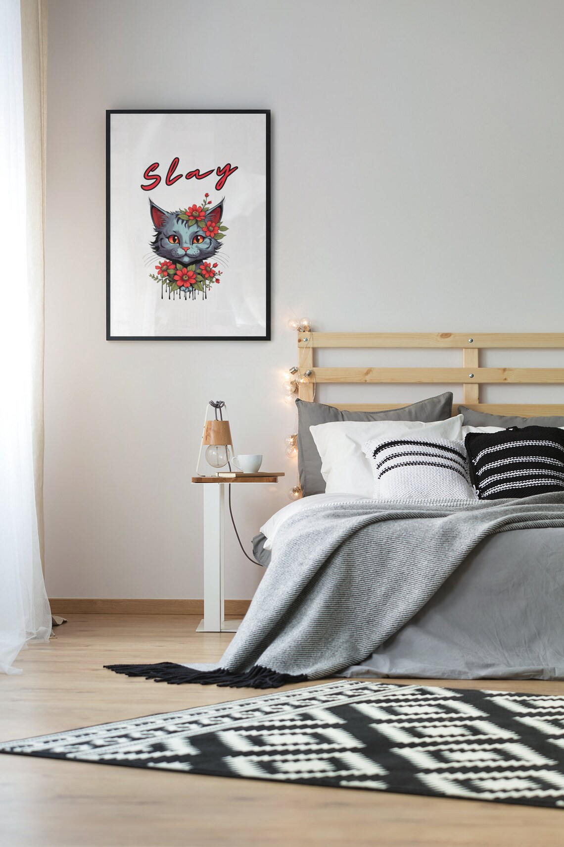 Slay Gray Cat With Red Flowers Bold Floral Feline Girl Power Poster - Image 2