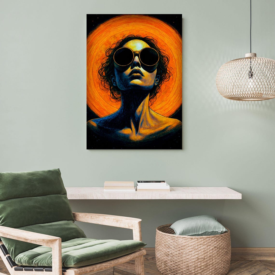 Steampunk Gothic Female Portrait Orange Cosmic Sun Halo Wall Art Print - Image 3