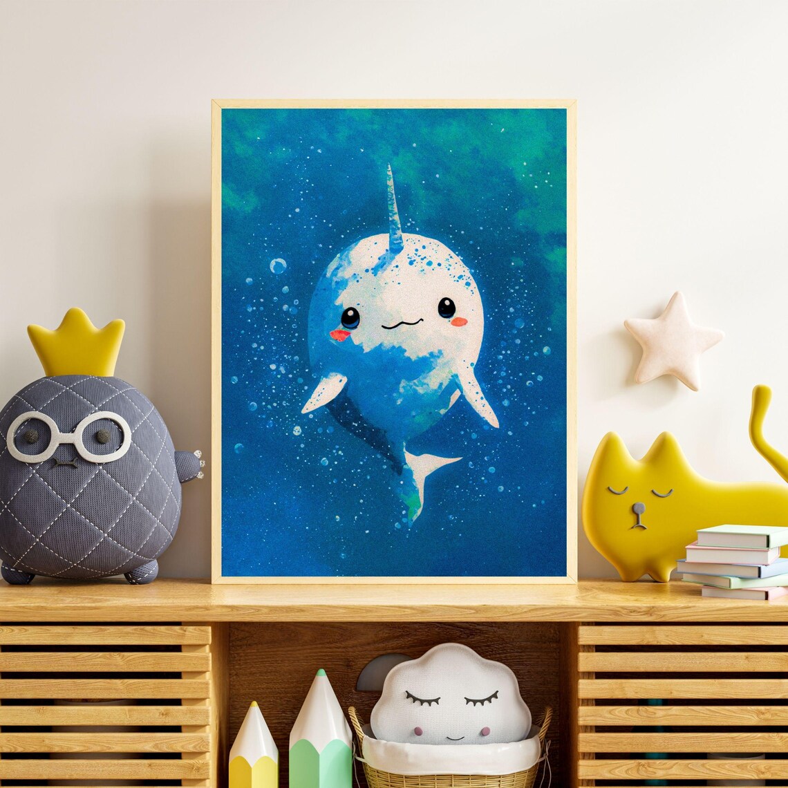 White Baby Narwhal Blue Ocean Nursery Kids Room Animal Wall Art - Image 3