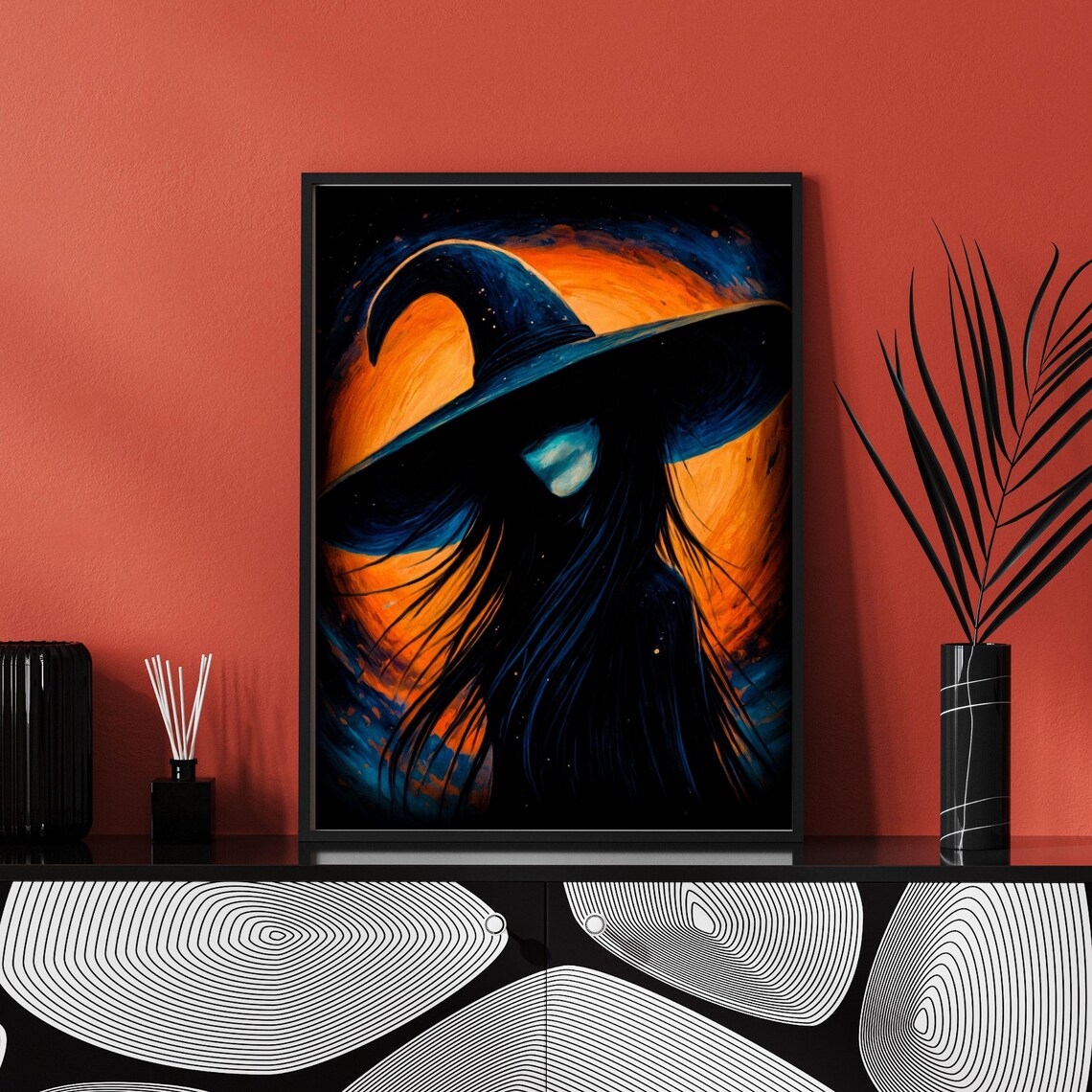 Gothic Witch Silhouette In Wide Brim Hat Against Orange Moon Fantasy Art Print